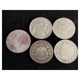Five US Nickels - Shield, Liberty, Buffalo
