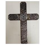 Folk art style metal plated wooden cross 18"h x