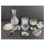 Group of Mikasa clock, glass vase, metal picture