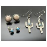 Three pair scratch tested silver earrings, 8.1g