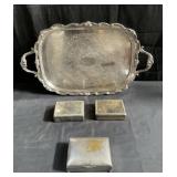 Group of silver plated items jewelry boxes,