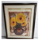 Signed Etienne flower painting on paper and news