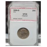1950-D Washington Silver Quarter coin VF35 Double