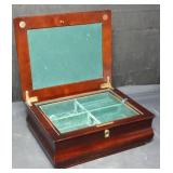 Mahogany jewelry box w/ 2 keys, by Bombay, 11" l