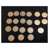 Fifteen Indian head pennies & 5 Lincoln wheat