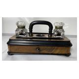 Vintage wooden inkwell with glass ink bottles