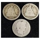 Three American silver quarters 1891, 1877, 1909