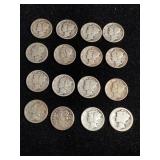 Sixteen silver mercury dimes