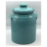 Teal ceramic crock cookie jar