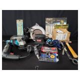 Tub of tools wenches, saws, grinder, etc