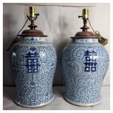 Pair of blue & white Asian table lamps