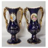 Vtg porcelain double handle courting vases
