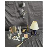 Group of household items with lamp, dresser