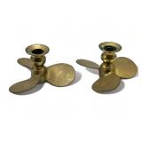 Vintage pair solid brass propeller candlesticks,