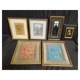 Group of six framed art and embroideries
