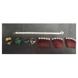 Group of jewelry, rings, bracelet, hair combs