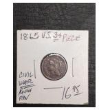 1865 Nickel Three Cent Piece coin. Civil War era.