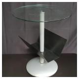 Metal base glass top side table w/magazine rack