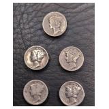 Five vintage Mercury Silver dime coin button
