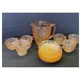 Vintage depression glass pitcher, plates & punch