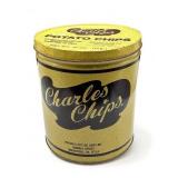 Vintage 1970ï¿½s Charles Chips metal tin, 10ï¿½ h.