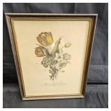 Vintage hand colored botanical print in wooden