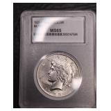 MS65 1925 Peace Silver Dollar coin. Slabbed and