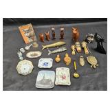 Group vintage items with cats, porcelain, carved