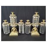 Pair of brass candelabra with crystal prisms