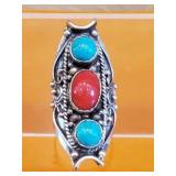 Tibetan handmade ring with turquoise and coral