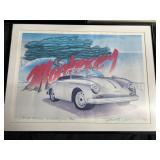 Framed Porsche photograph with two prints