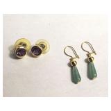Two pairs of 14KT gold earrings, Amethyst and
