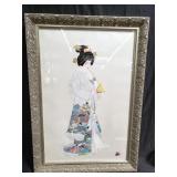 Signed mix media Asian print on fabric