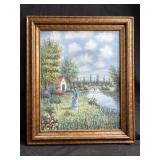 W Hodges signed lady in her garden oil painting