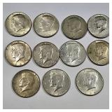 11 Kennedy Silver Clad Half Dollar Coins;  1965