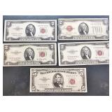 4 Red Badge $2 Dollar and 1 $5 Dollar Bills paper