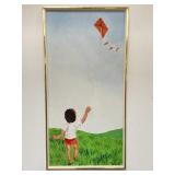 1970s hand painted oil on canvas kid flying kite