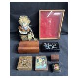 Group of hand made boxes, wood, porcelain,