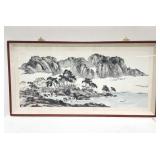 Vtg Asian enormous gouache in shadow box frame