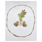 14kt gold diamonds enameled pendant and earring