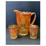 Vintage marigold carnival glass pitcher & cups