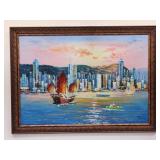 Vtg hand painted & signed Hong Kong city oil