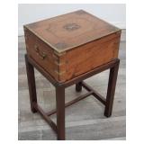 Antique brass inlaid travel vanity box on stand