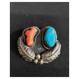 Coral and turquoise silver pendant