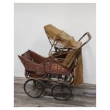 vtg wicker leather & metal baby buggy