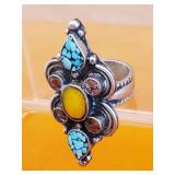 Tibetan handmade ring with turquoise , coral and