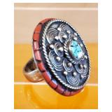 Tibetan handmade ring with turquoise and coral