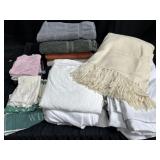 Box of linens, wool blanket, black out curtains &