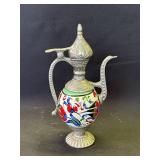 Vintage hand painted metal & porcelain pitcher