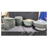 Large vtg granite ware steel lidded pots/steamers